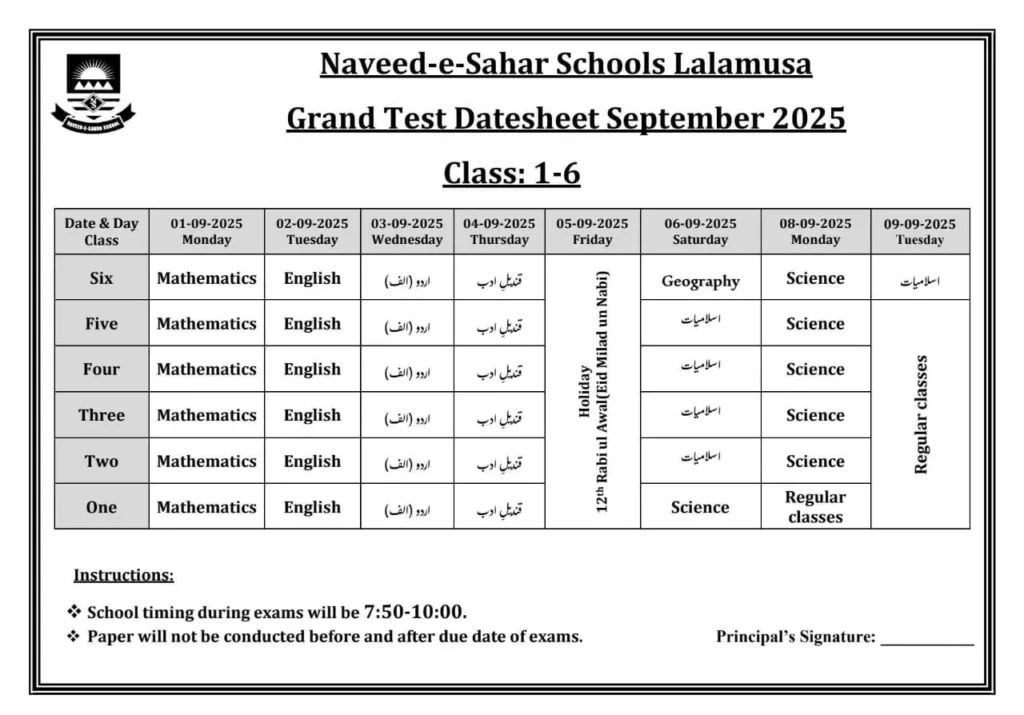 Grand Test Date Sheet September 2025 Class One to Class Six Naveed-e-Sahar School Lalamusa