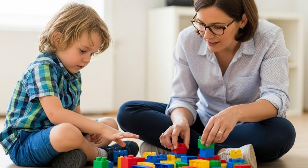 eacher at Naveed-e-Sahar School engaging a student with educational building blocks on a bright wooden floor. Perfect for showcasing interactive learning and classroom activities.